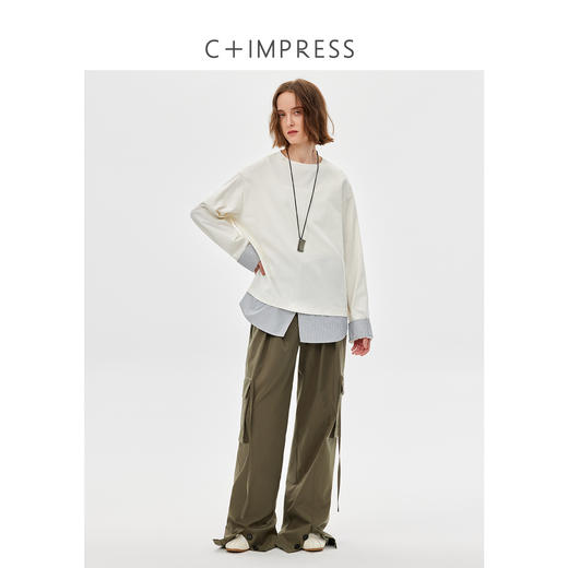 精梳棉拼接条纹假两件宽松衬衫T恤2025春新 商品图3