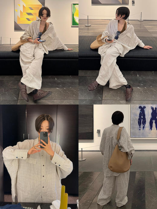 HIDEMI 甄选天然百分水洗做旧感色织亚麻极简廓形衬衫阔腿裤套装 商品图1