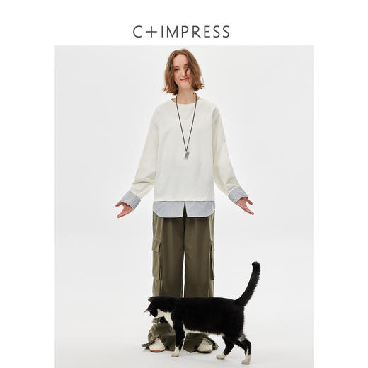 精梳棉拼接条纹假两件宽松衬衫T恤2025春新 商品图2