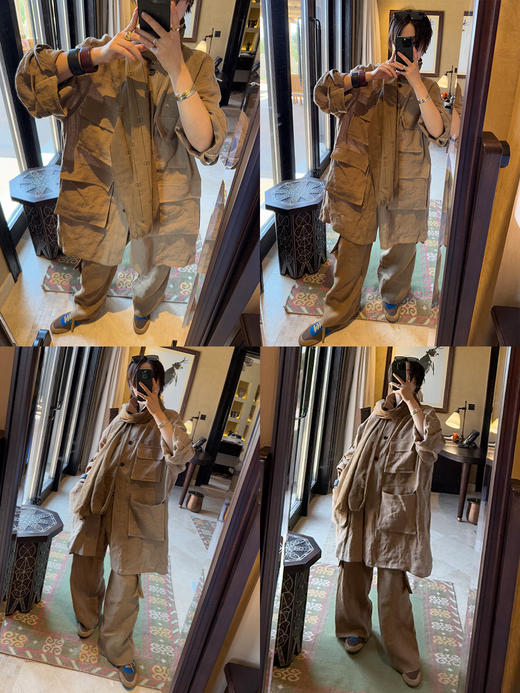 HIDEMI 水洗做旧感亚麻立体口袋猎装廓形薄外套阔腿裤两件套套装 商品图2