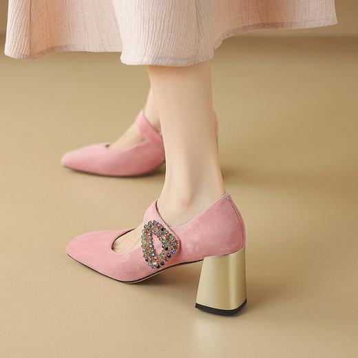 【预售5天】法式单鞋女春秋季浅口方头粗跟羊翻皮高跟鞋水钻粉色玛丽珍鞋女NDXC&7021 商品图0
