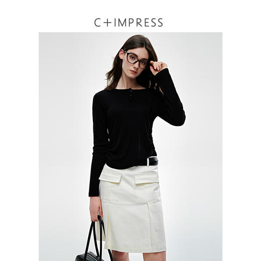 亨利领侧边抽绳桑蚕丝莱赛尔圆领T恤2025春 商品图3