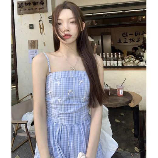 夏季新款【蓝色气质格子吊带连衣裙子】百搭小巧蝴蝶结 法式初恋系海边度假长裙 商品图1