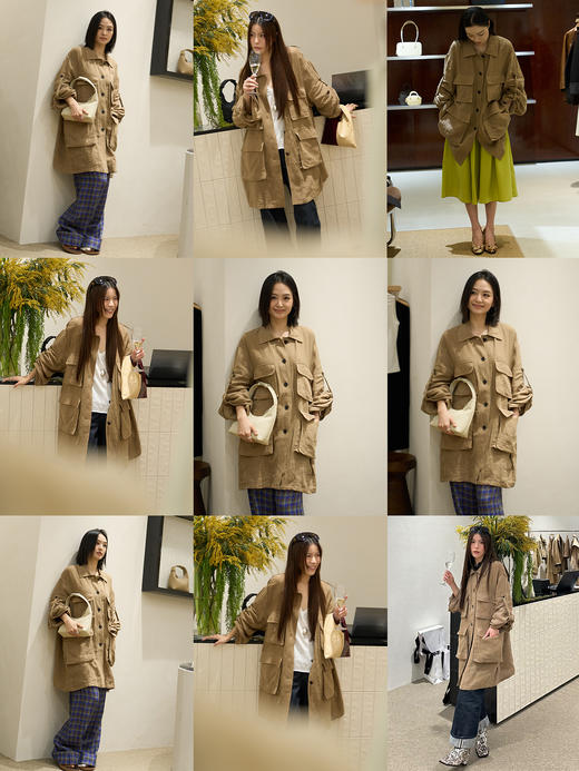 HIDEMI 水洗做旧感亚麻立体口袋猎装廓形薄外套阔腿裤两件套套装 商品图3