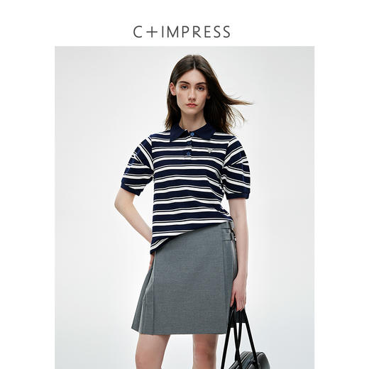 休闲撞色翻领条纹设计感泡泡袖POLO衫2025春 商品图3