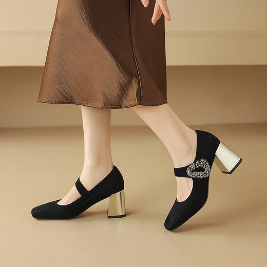 【预售5天】法式单鞋女春秋季浅口方头粗跟羊翻皮高跟鞋水钻粉色玛丽珍鞋女NDXC&7021 商品图4