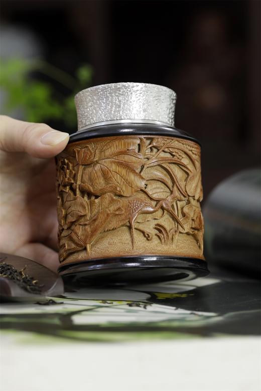 荷蟹°锡胆竹雕茶叶罐 商品图8