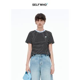 【笑脸衣橱】SELFWHO笑脸衣橱条纹短袖t恤女2025夏新款小个子宽松圆领正肩上衣
