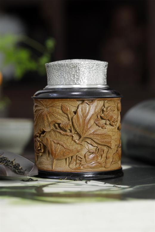 荷蟹°锡胆竹雕茶叶罐 商品图2