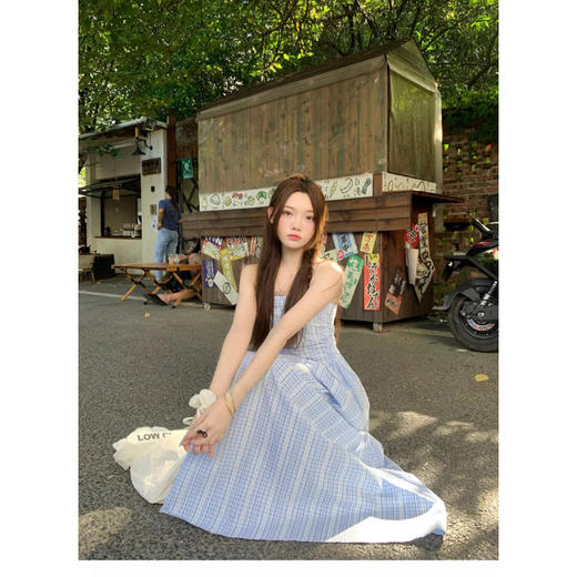 夏季新款【蓝色气质格子吊带连衣裙子】百搭小巧蝴蝶结 法式初恋系海边度假长裙 商品图5