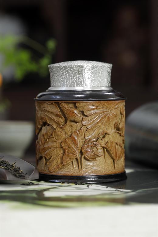 荷蟹°锡胆竹雕茶叶罐 商品图3