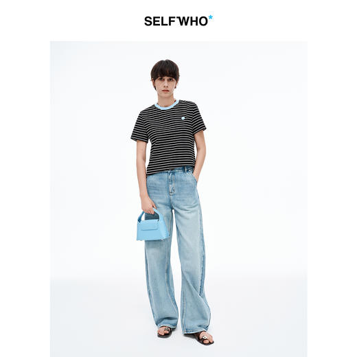 【笑脸衣橱】SELFWHO笑脸衣橱条纹短袖t恤女2025夏新款小个子宽松圆领正肩上衣 商品图1