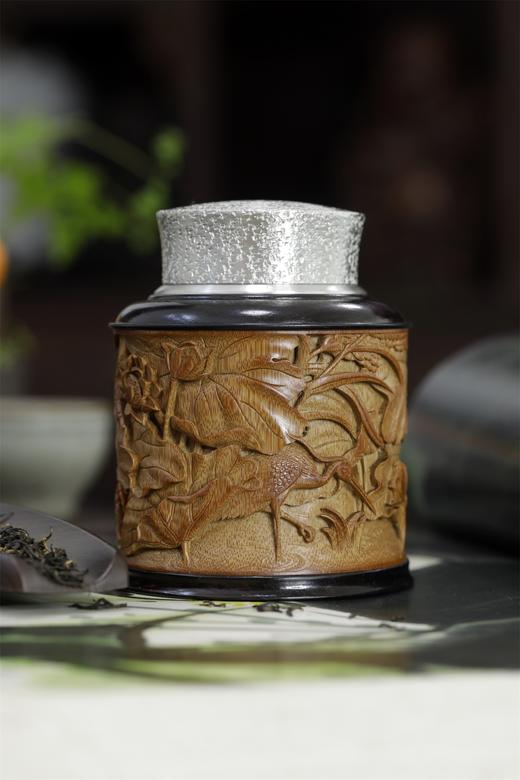 荷蟹°锡胆竹雕茶叶罐 商品图5