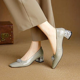 【预售5天】春季新款百搭真皮法式水钻浅口粗跟方头单鞋NJMK&K1517