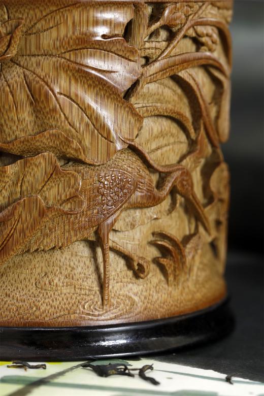 荷蟹°锡胆竹雕茶叶罐 商品图13