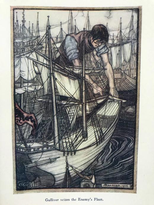 约20世纪早期 格列佛游记 鬼才拉克姆8幅彩色插图 漆布精装32开 商品图6