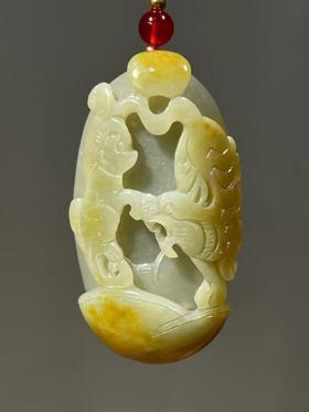 金沁青白玉雕虎戏猴随形原石，顺丰包邮