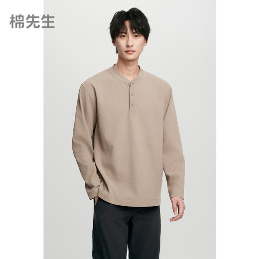 棉仓362801007-吸湿速干华夫格亨利领长袖T恤 商品图0