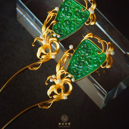 龢盒原创 百合花翡翠珍珠银鎏金发簪 商品图1