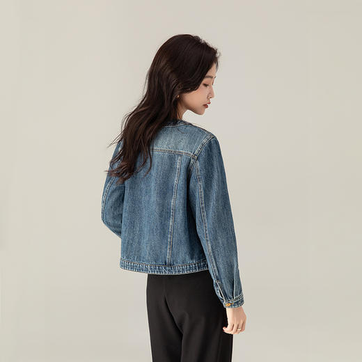 丁摩 圆领小香风牛仔外套女春秋装新款宽松复古水洗气质夹克5ZF-64668 商品图1
