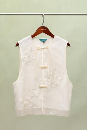 荷言GL 松风 新中式真丝欧根纱绣线提花马甲手工飘带