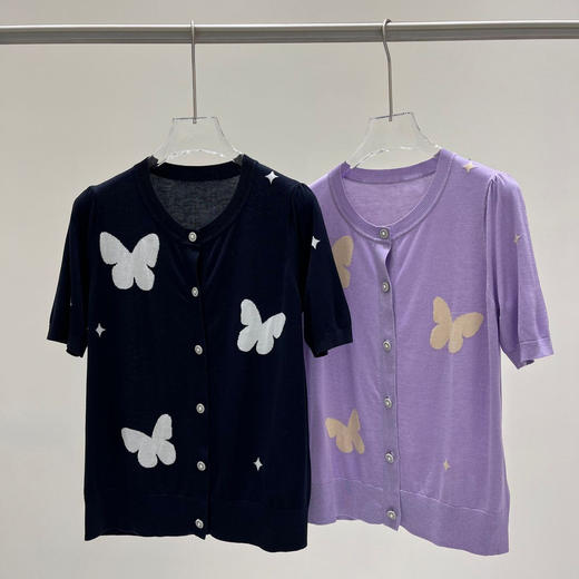 丁摩 春夏新款法式气质提花蝴蝶图案针织开衫圆领桑蚕丝短袖薄款5ZF-16070 商品图0