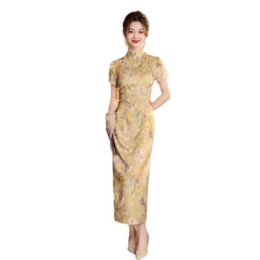 GX老上海复古中国风长款短袖旗袍2025春夏新款港风黄色旗袍裙 商品图4