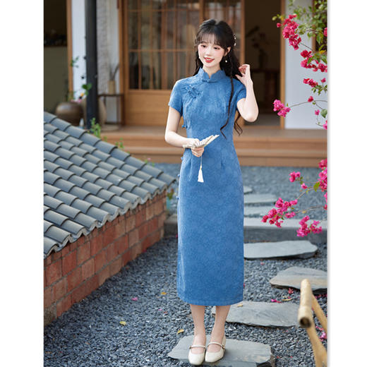 GX纯色棉质提花长款短袖旗袍2025春夏新款时尚改良年轻少女日常旗袍 商品图3