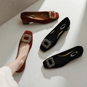 丁摩 复古方扣水钻方头豆豆鞋女粗跟春新磨砂羊皮单鞋中跟5ZF-3174