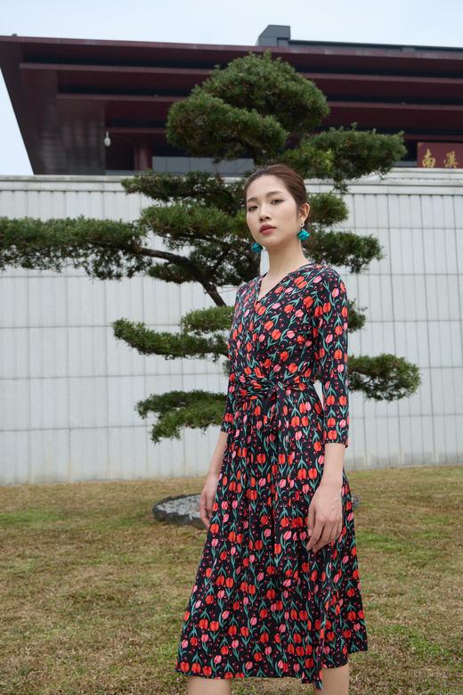 SZ1S55_胭脂色_连衣裙_春夏_V领七分袖系带收腰A字中长款_高级女装_BERNIEELEN 伯妮斯茵 商品图0