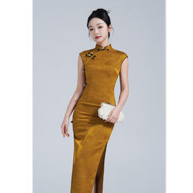 GX复古国风新中式长款无袖旗袍2025春新款黄色气质修身旗袍