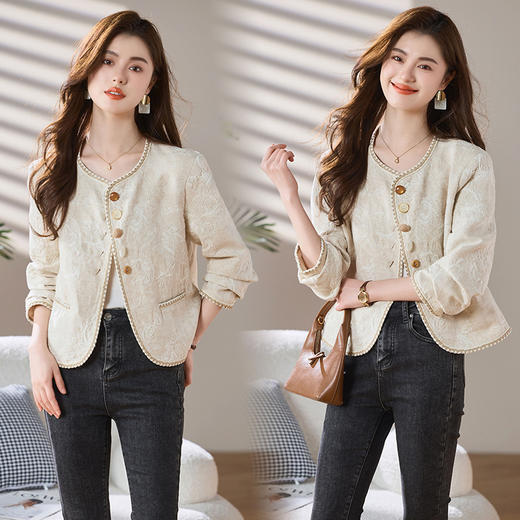贝壳扣麻料小香气质外套，时尚甜美刺绣百搭气质短外套MCXZ6809 商品图3