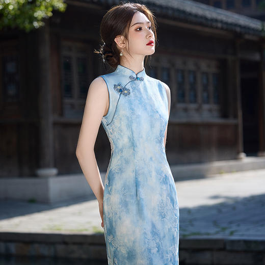 蓝色大海无袖海棠花，植绒双层长款素雅旗袍MLS7180 商品图4