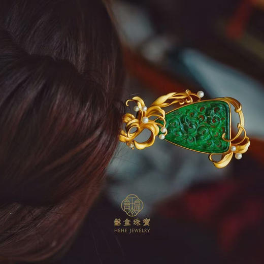 龢盒原创 百合花翡翠珍珠银鎏金发簪 商品图4