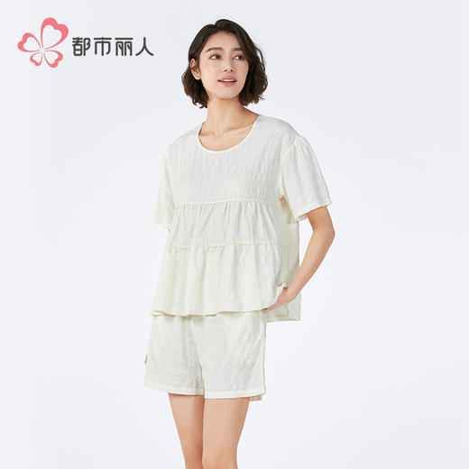 都市丽人女士梭织棉短袖套装薄梭织皱布提条生活家居短袖类LHH2G1 商品图2