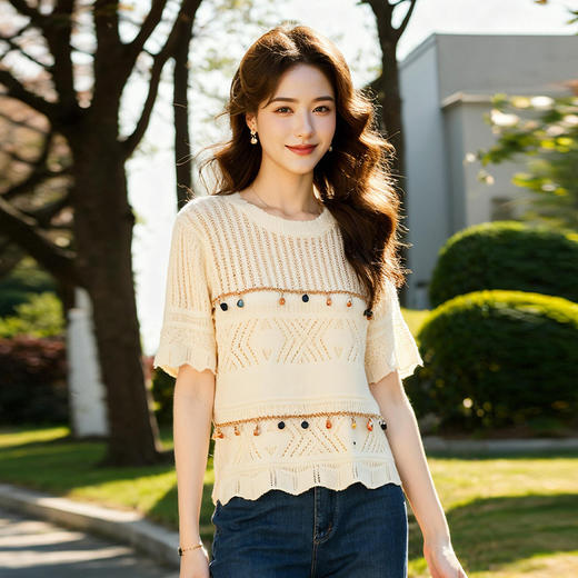 奢姿大码女装2025夏季镂空设计减龄针织衫胖妹妹链条时尚百搭上衣9652621888 商品图1