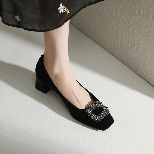 丁摩 复古方扣水钻方头豆豆鞋女粗跟春新磨砂羊皮单鞋中跟5ZF-3174 商品图1