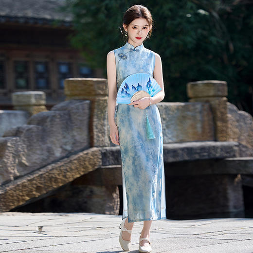 蓝色大海无袖海棠花，植绒双层长款素雅旗袍MLS7180 商品图0