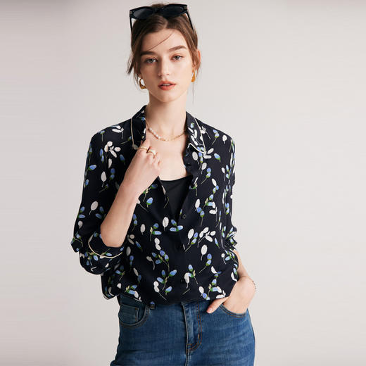 丁摩 真丝衬衫女春夏新款砂洗双绉印花杭州丝绸长袖桑蚕丝上衣5ZF-229 商品图3