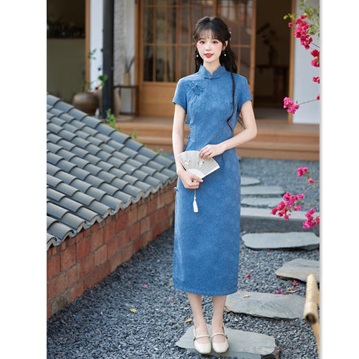 GX纯色棉质提花长款短袖旗袍2025春夏新款时尚改良年轻少女日常旗袍 商品图0