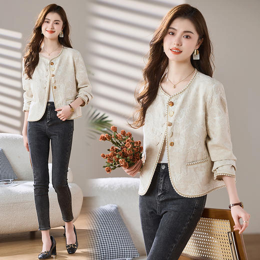 贝壳扣麻料小香气质外套，时尚甜美刺绣百搭气质短外套MCXZ6809 商品图0