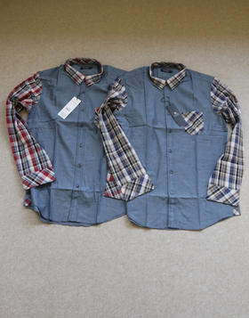 简单粗暴的 哈！男段 粑家的 日线黑标 牛仔色+格纹领袖 长袖衬衫 2色入