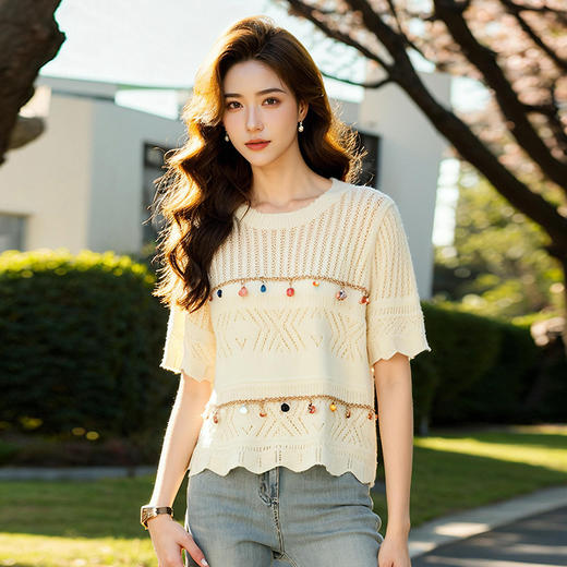 奢姿大码女装2025夏季镂空设计减龄针织衫胖妹妹链条时尚百搭上衣9652621888 商品图4