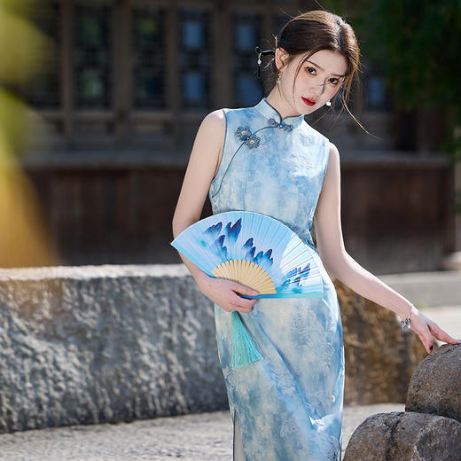 蓝色大海无袖海棠花，植绒双层长款素雅旗袍MLS7180 商品图3