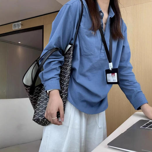 丁摩 早春新款高级感极简风休闲百搭半开翻领蓝色长袖衬衫女5ZF-51007 商品图4