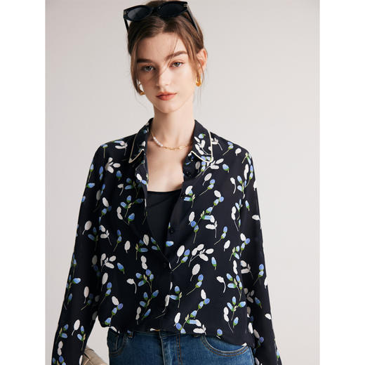 丁摩 真丝衬衫女春夏新款砂洗双绉印花杭州丝绸长袖桑蚕丝上衣5ZF-229 商品图1