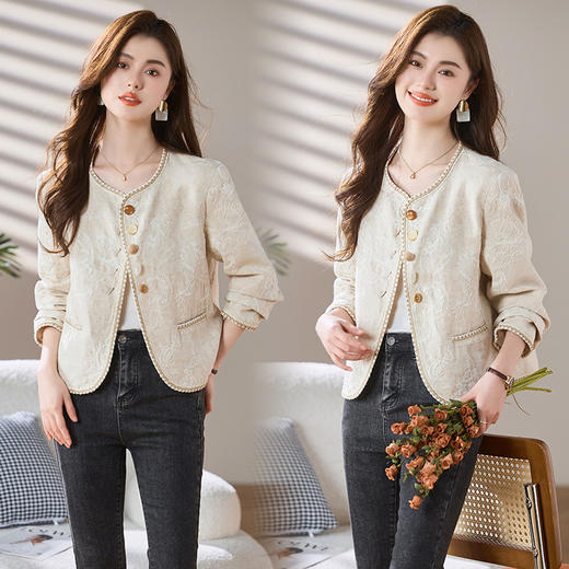 贝壳扣麻料小香气质外套，时尚甜美刺绣百搭气质短外套MCXZ6809 商品图2