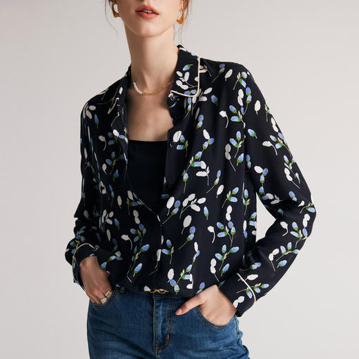 丁摩 真丝衬衫女春夏新款砂洗双绉印花杭州丝绸长袖桑蚕丝上衣5ZF-229 商品图0