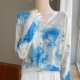 丁摩 春秋新款天丝水溶羊毛V领针织防晒开衫女晕染印花薄款长袖上衣5ZF-186
