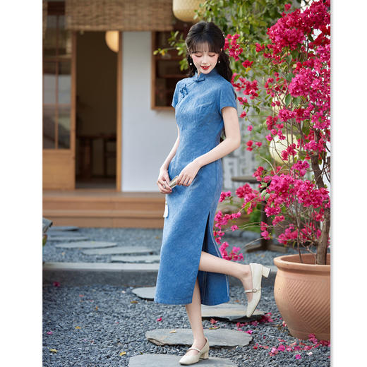 GX纯色棉质提花长款短袖旗袍2025春夏新款时尚改良年轻少女日常旗袍 商品图2